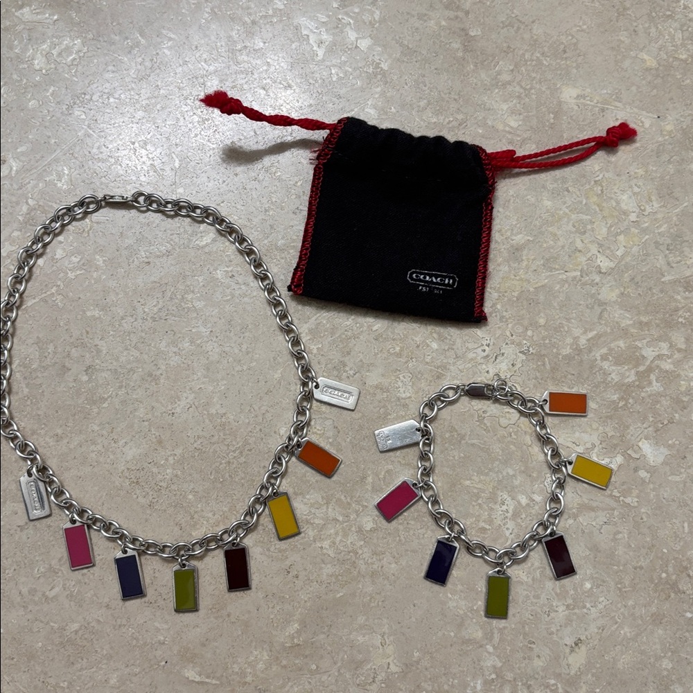 Coach 925 Silver Hangtag Necklace & Bracelet SET w/Colorful Enamel Charms🔥Y2K